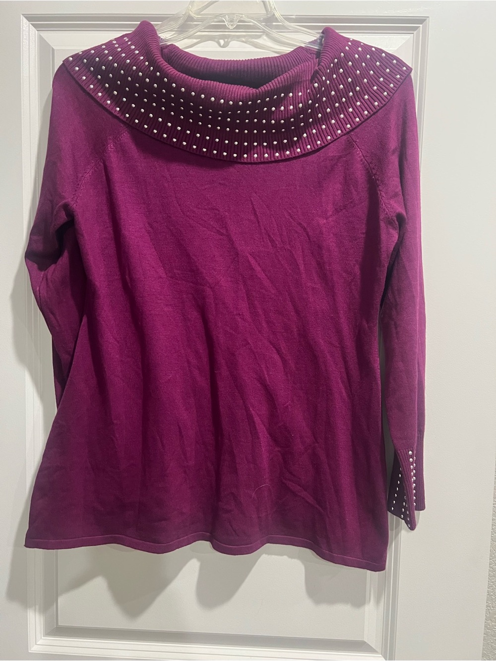 Questions Studded Cowl Neck or Off the Shoulder Swester- Plum